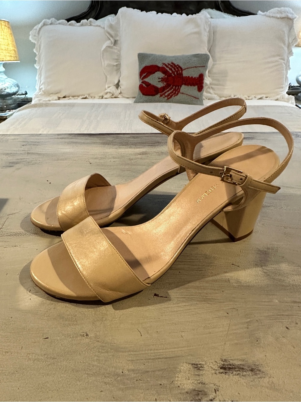 Stuart Weitzman Solo Leather Block Heel Nude Sandal